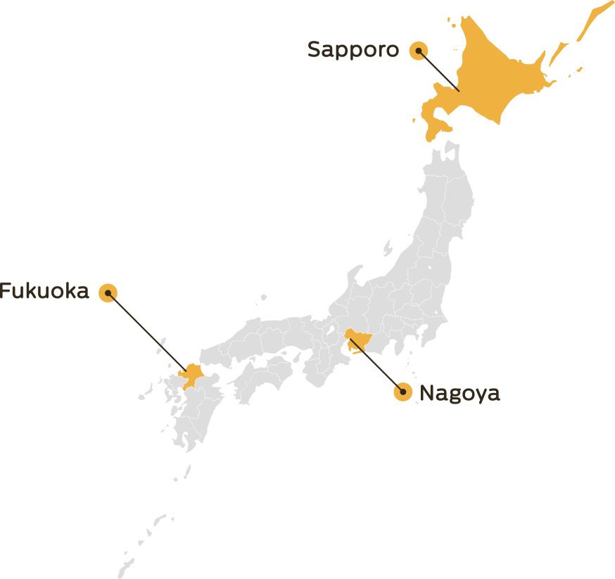 日本地図のイラスト。札幌、名古屋、福岡にランプライトブックスホテルがございます。